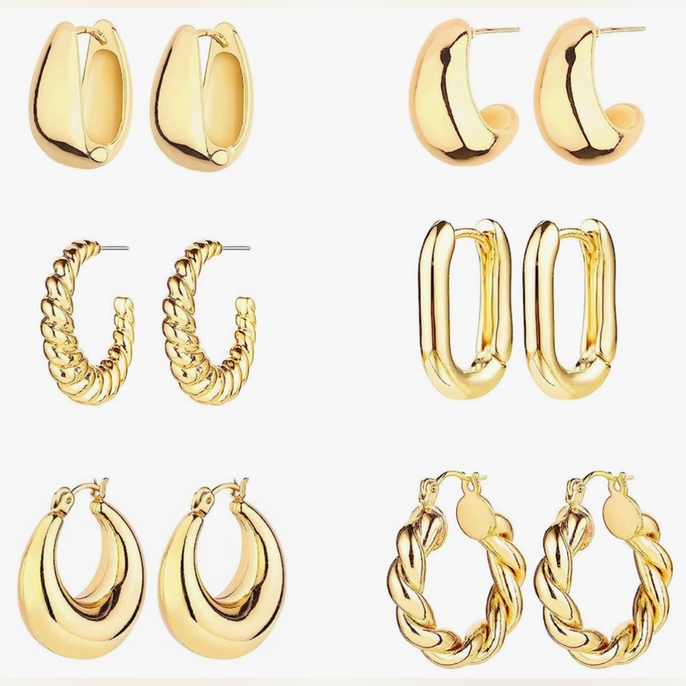 NWT 6 Pairs 14K Gold Hoop Earrings for Women AVAILABLE IN GOLD OR SILVER